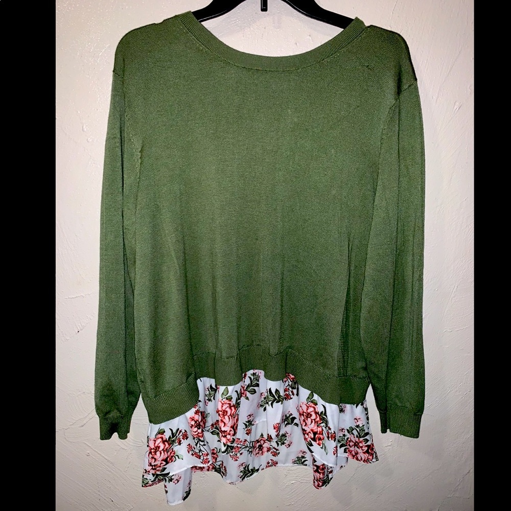 MUST SEE BACK sweater over pleated floral blouse!